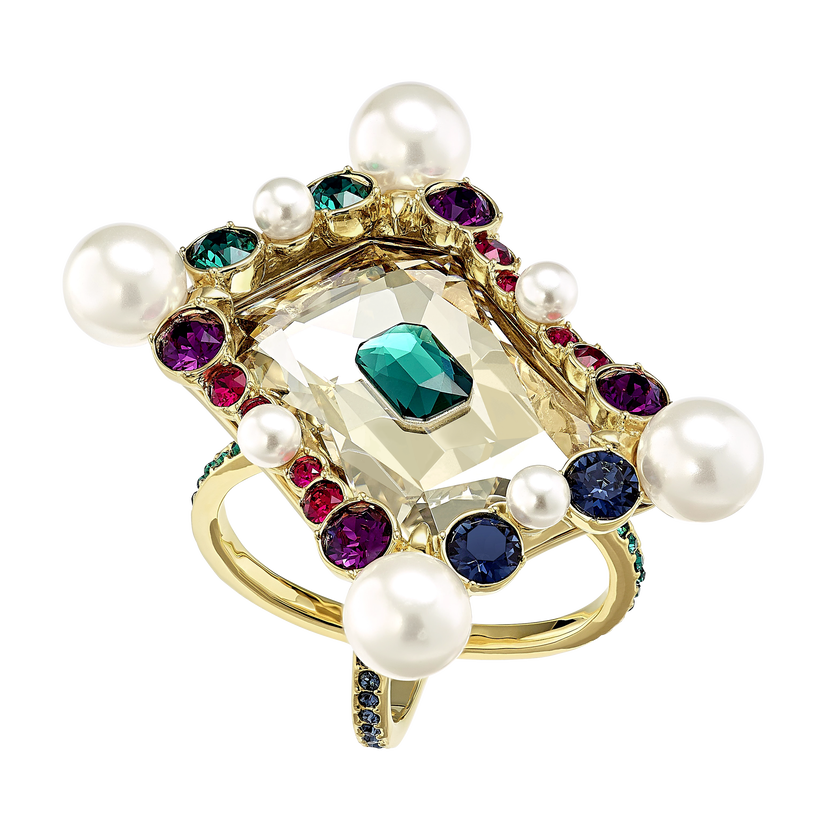 Vintage Opulescence Cocktail Ring, Multi-colored, Gold-tone plated