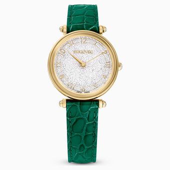 Crystalline Wonder watch, Swiss Made, Leather strap, Green, Gold-tone finish