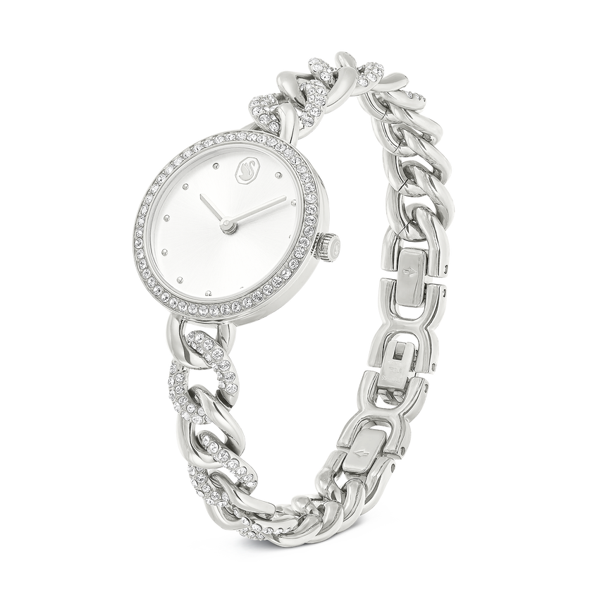 swarovski cocktail round watch  metal bracelet  silver tone  stainless steel