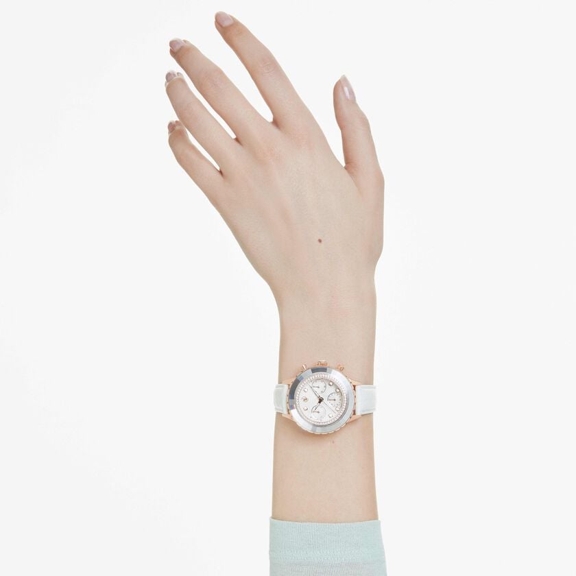swarovski octea chrono watch  swiss made  leather strap  white  rose gold tone finish
