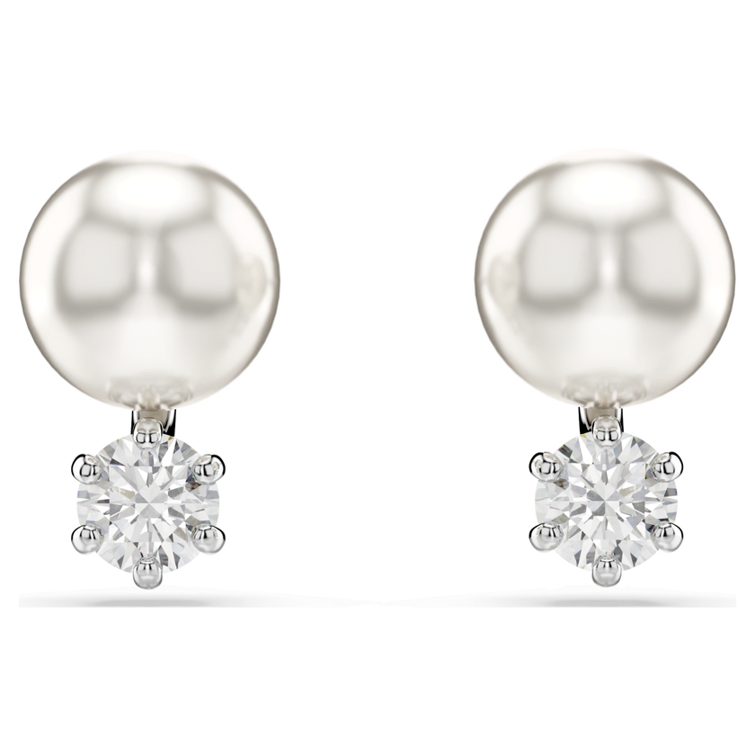 swarovski matrix stud earrings  crystal pearl  round cut  white  rhodium plated