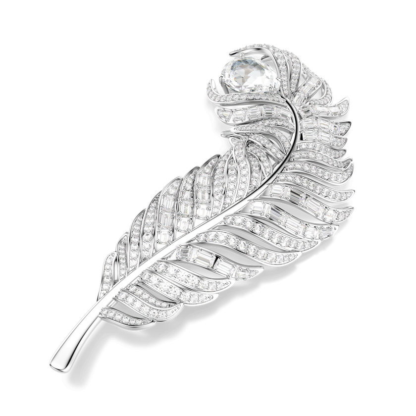 swarovski vienna brooch  mixed cuts  feather  white  rhodium plated