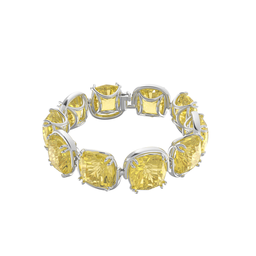 Harmonia bracelet, Cushion cut crystals, Yellow, Rhodium plated