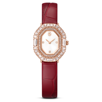 swarovski matrix octagon watch  leather strap  red  rose gold tone finish
