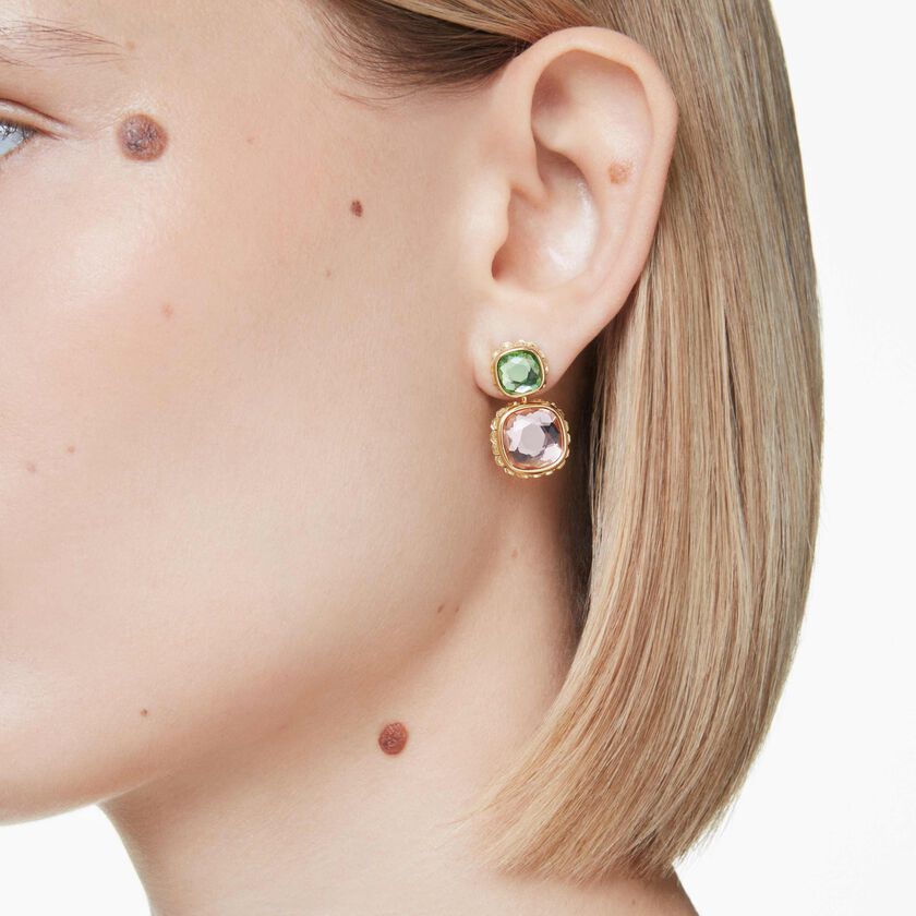 swarovski chroma drop earrings  cushion cut  multicolored  gold tone plated