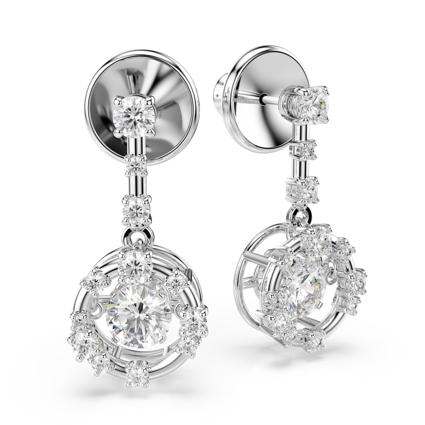 swarovski constella drop earrings  round cut  dancing stone  white  rhodium plated