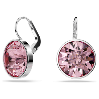 swarovski bella drop earrings  round cut  pink  rhodium plated