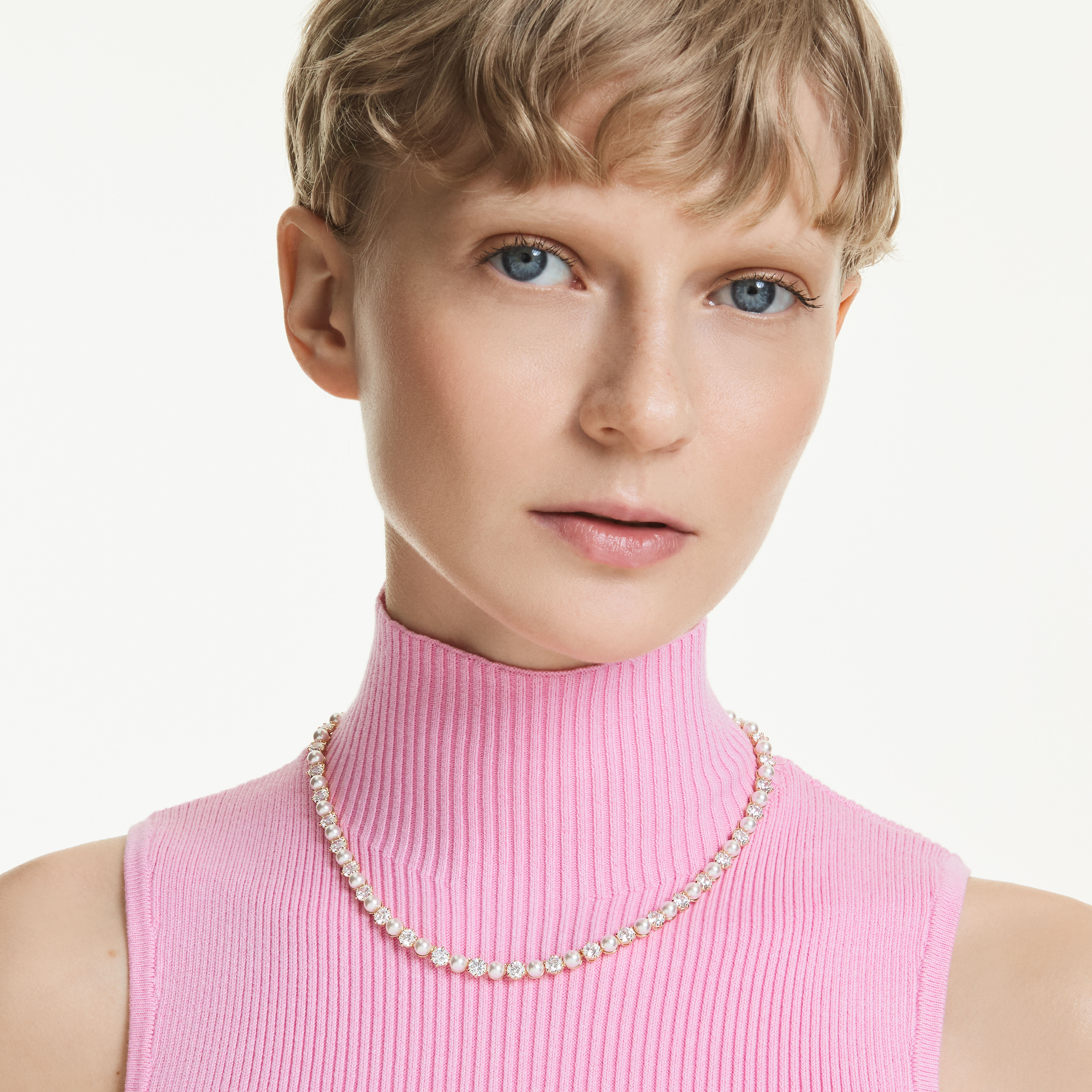 swarovski matrix tennis necklace  crystal pearl  round cut  white  gold tone plated