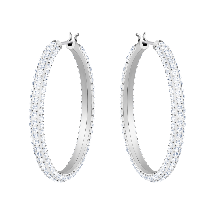 Stone Hoop Pierced Earrings, White, Rhodium Plating