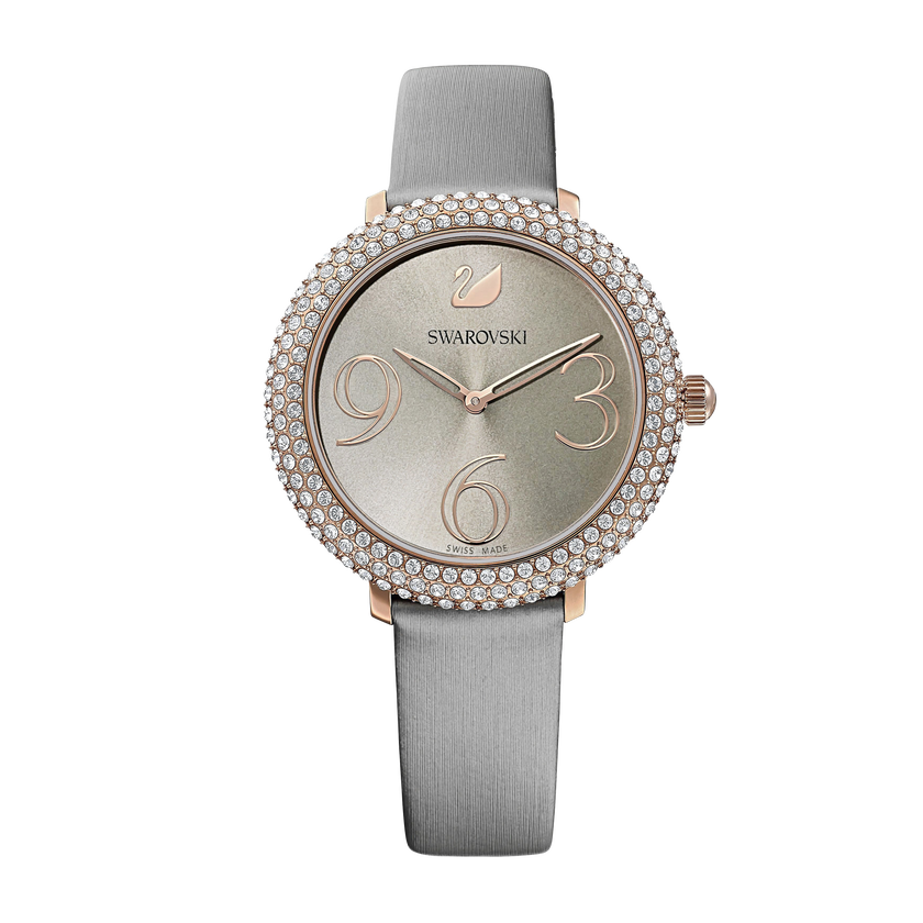 Crystal Frost Watch, Leather Strap, Gray, Rose-gold tone PVD