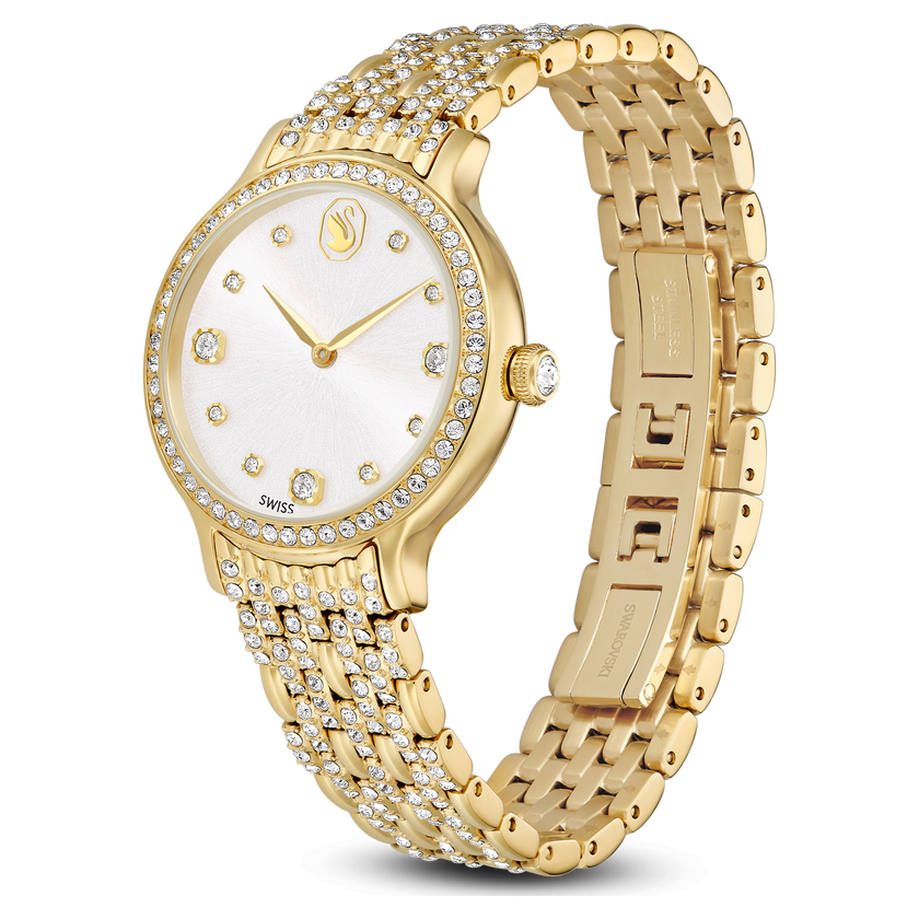 swarovski imber watch  swiss made  metal bracelet  gold tone  gold tone finish