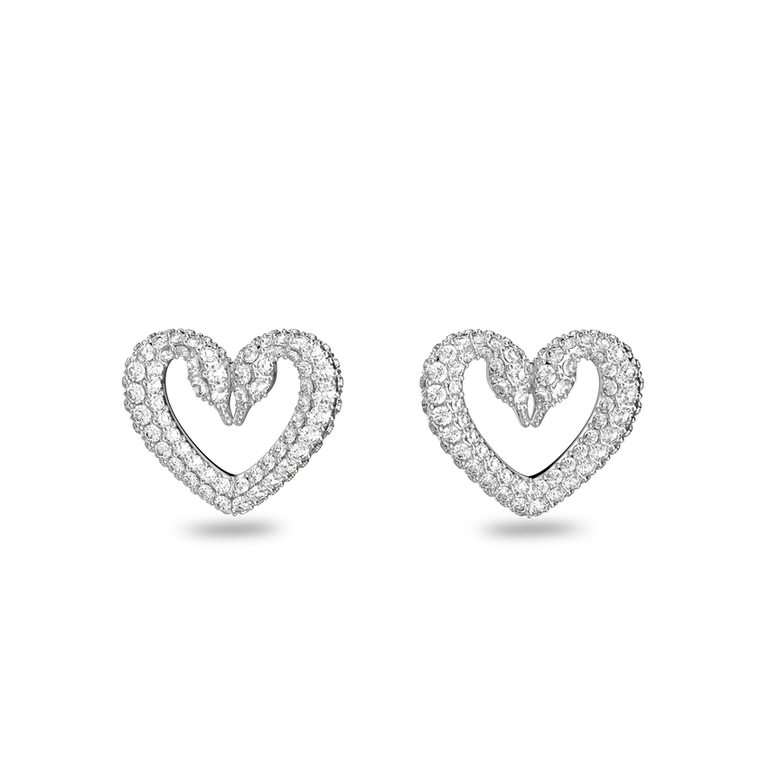 Una stud earrings, Heart, Small, White, Rhodium plated