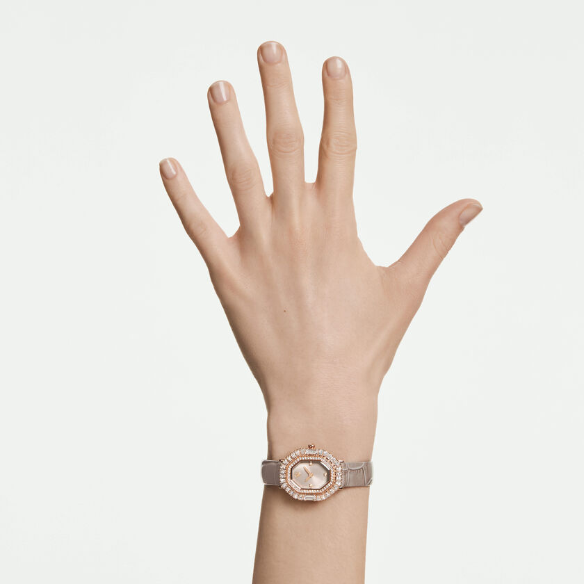 swarovski matrix octagon watch  leather strap  beige  rose gold tone finish