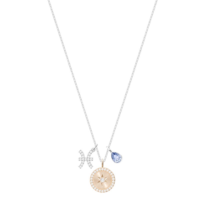 Zodiac pendant, Pisces, Blue, Rhodium plated