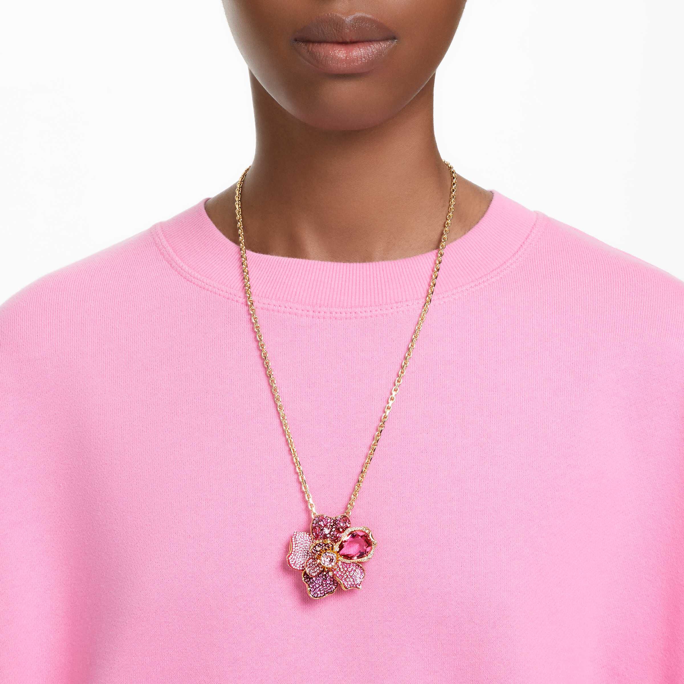 swarovski idyllia pendant and brooch  pav   flower  pink  gold tone plated