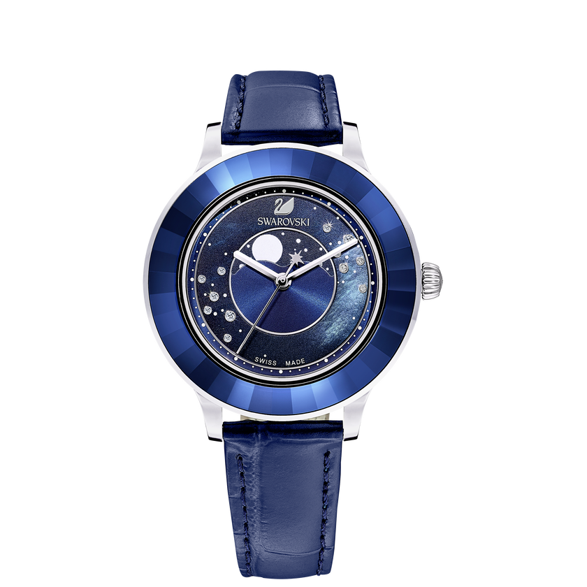 Octea Lux Moon Watch, Leather Strap, Dark blue, Stainless steel