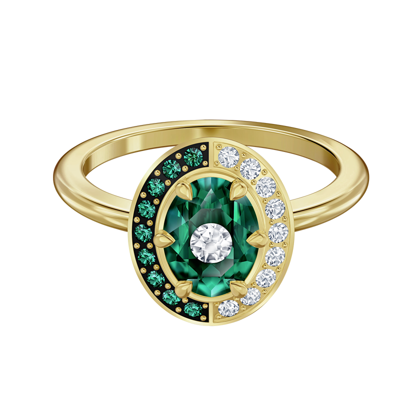 Black Baroque Motif Ring, Green, Gold-tone plated