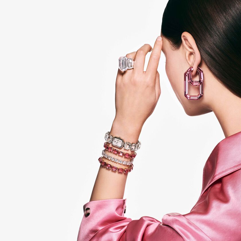 swarovski lucent hoop earrings  octagon shape  small  pink