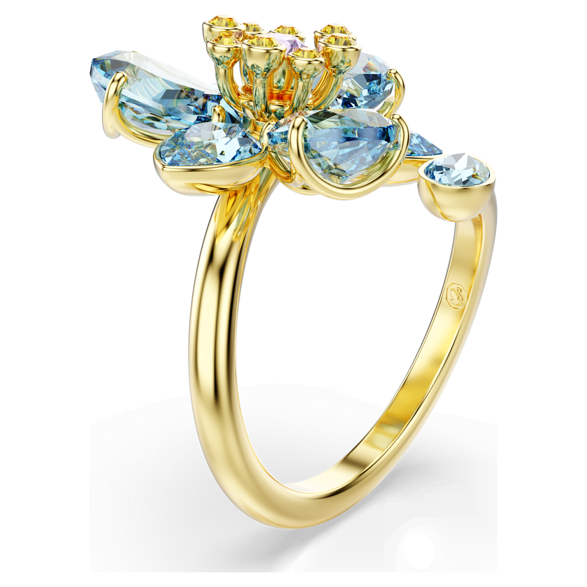 swarovski idyllia open ring  mixed cuts  flower  blue  gold tone plated