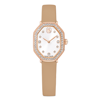 swarovski dextera octagon watch  swiss made  leather strap  brown  rose gold tone finish