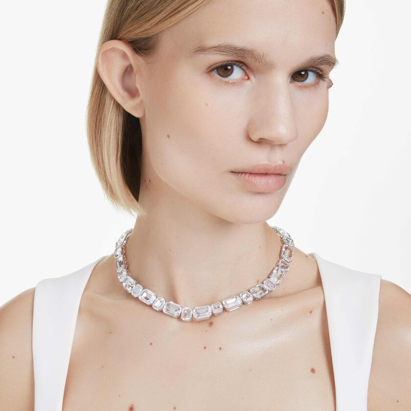 swarovski millenia tennis necklace  octagon cut  white  rhodium plated