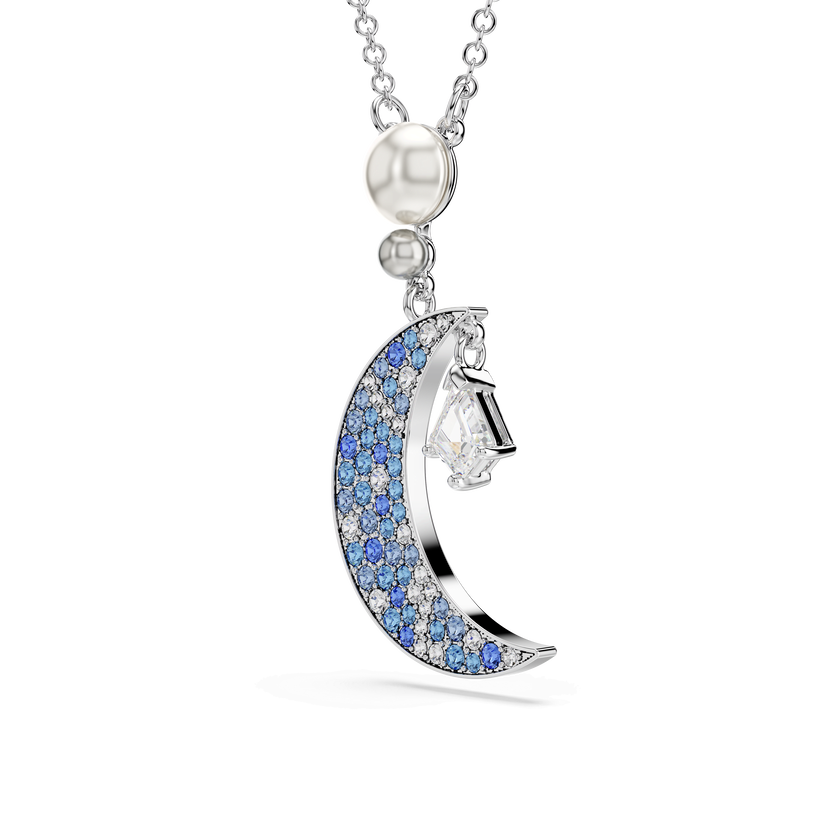 swarovski symbolica pendant  round cut  moon  blue  rhodium plated