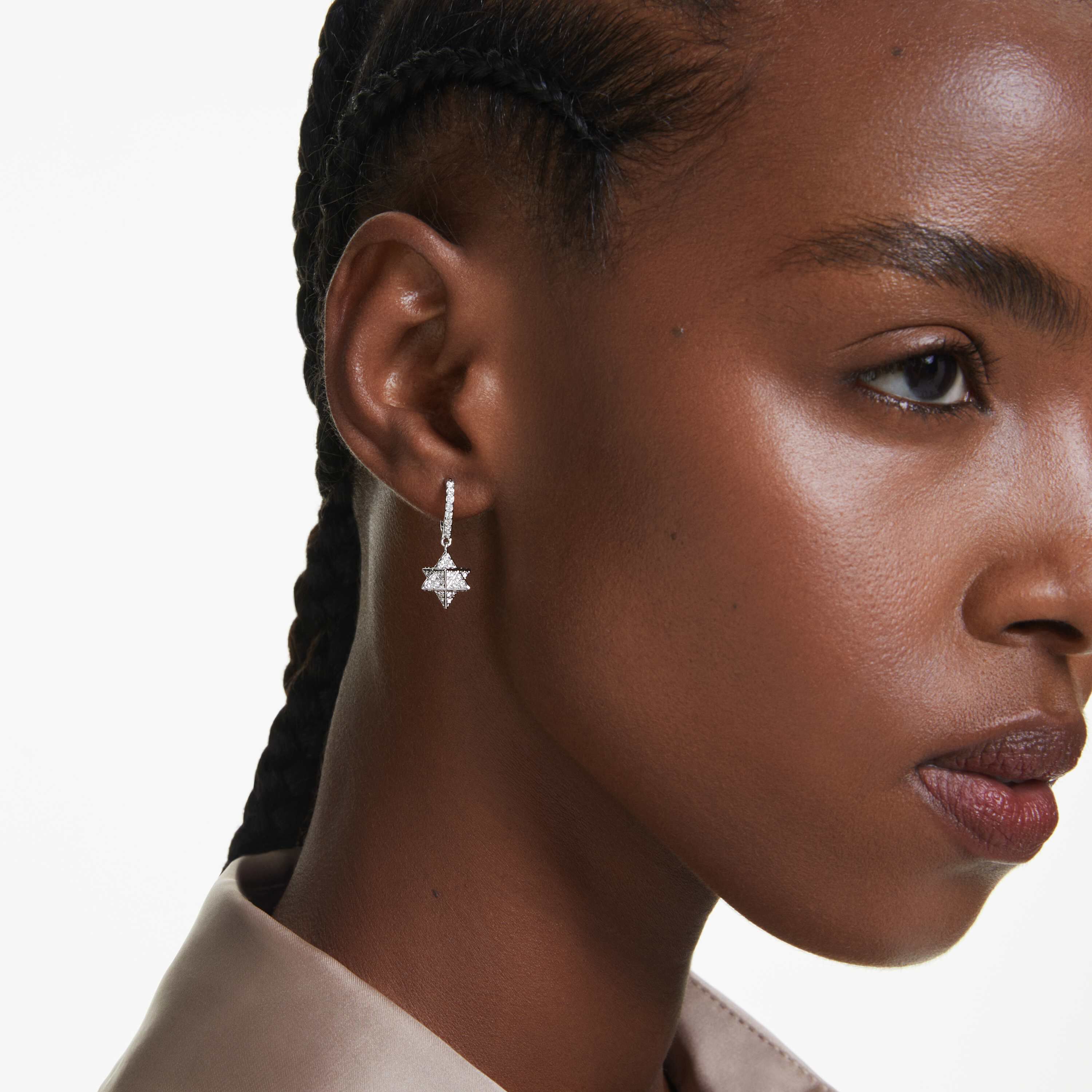 swarovski dextera drop earrings  asymmetrical design  round cut  star and sphere  white  rhodium plated