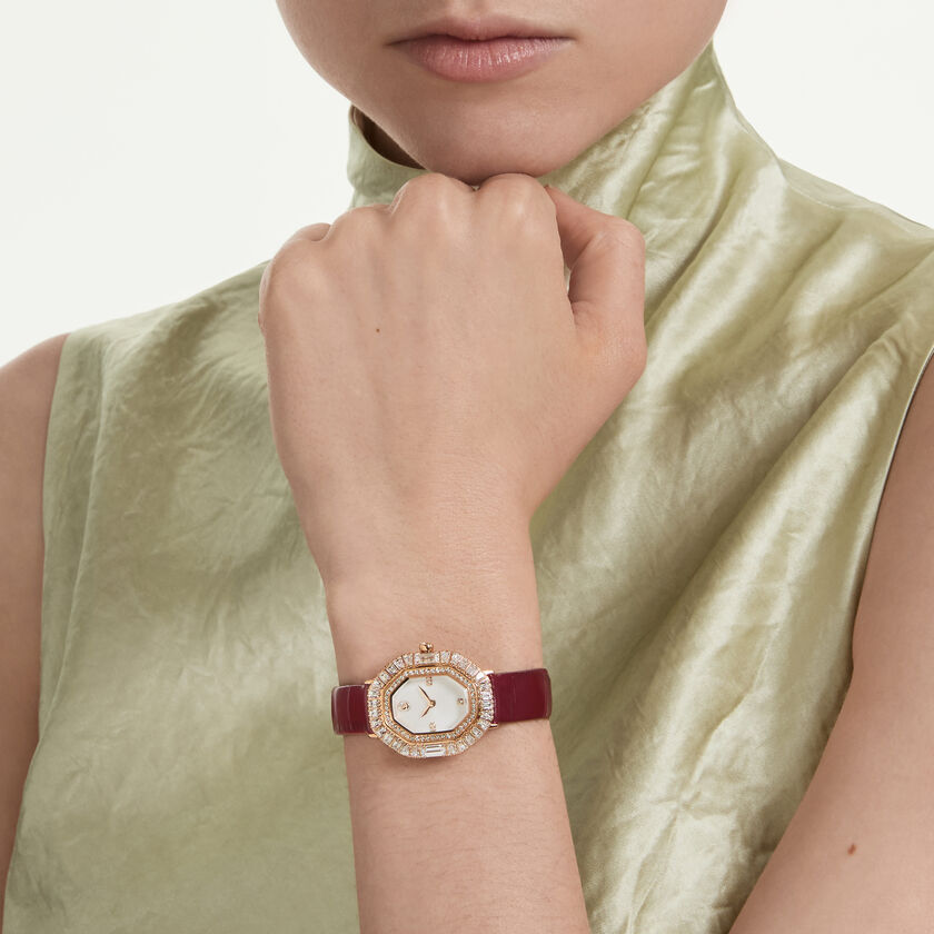 swarovski matrix octagon watch  leather strap  rose gold tone  rose gold tone finish