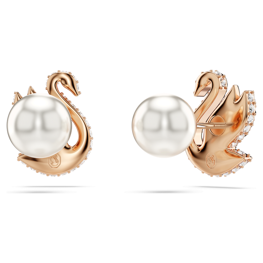 swarovski swan stud earrings  crystal pearl  swan  black  rose gold tone plated