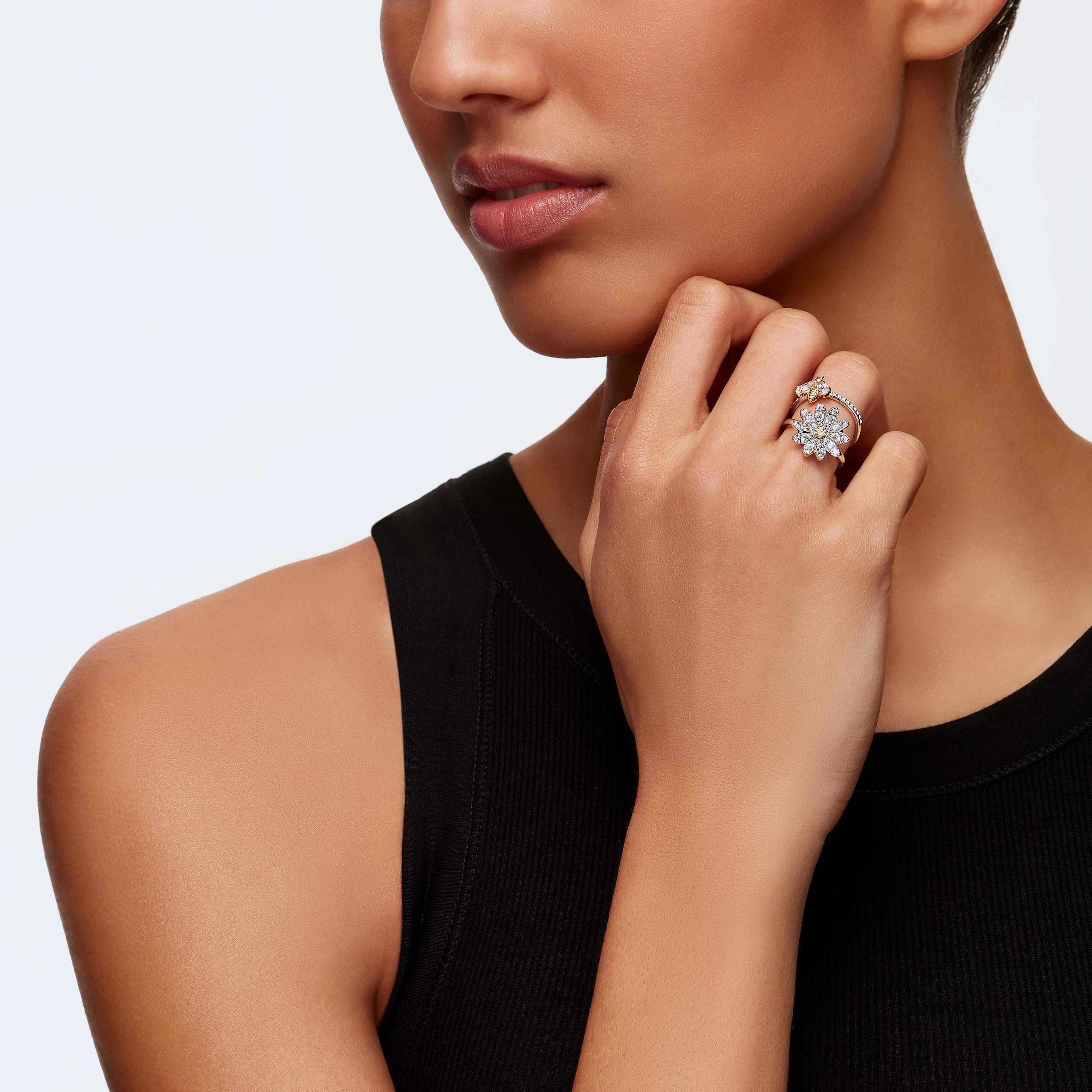 swarovski eternal flower ring  set  2   bee and flower  yellow  mixed metal finish