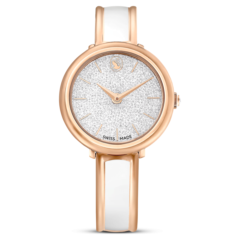 swarovski crystalline bangle watch  swiss made  metal bracelet  white  rose gold tone finish