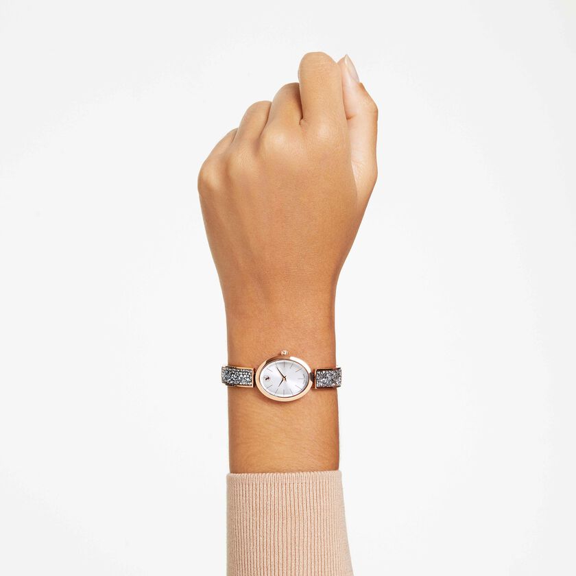 swarovski crystal rock oval watch  swiss made  metal bracelet  silver tone  rose gold tone finish