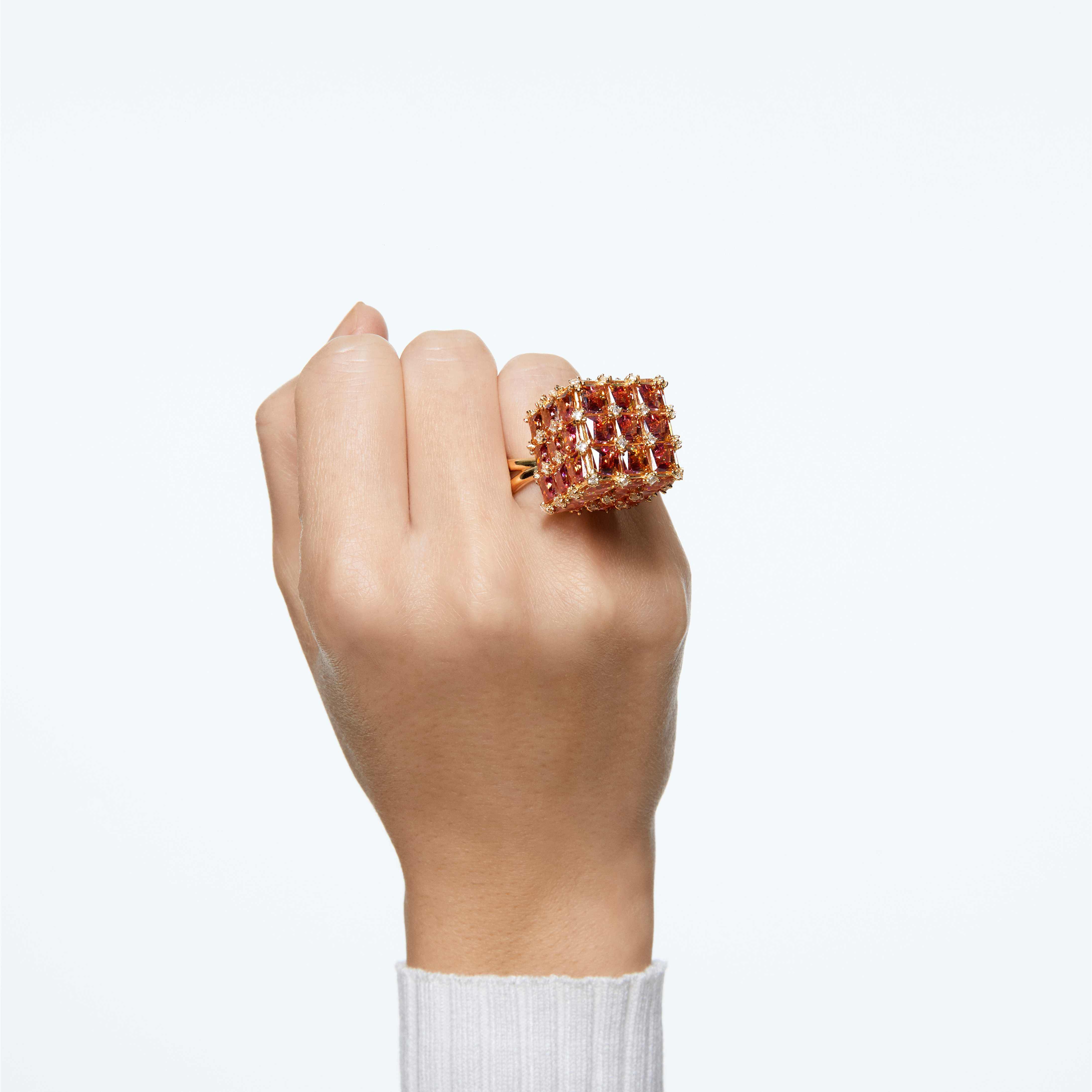 swarovski curiosa cocktail ring  square  orange  gold tone plated