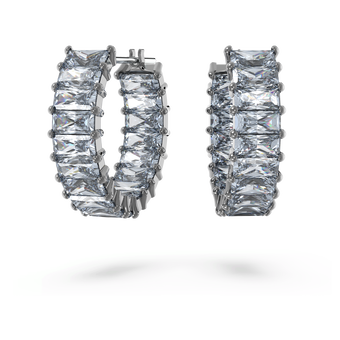swarovski matrix hoop earrings  baguette cut  gray  ruthenium plated