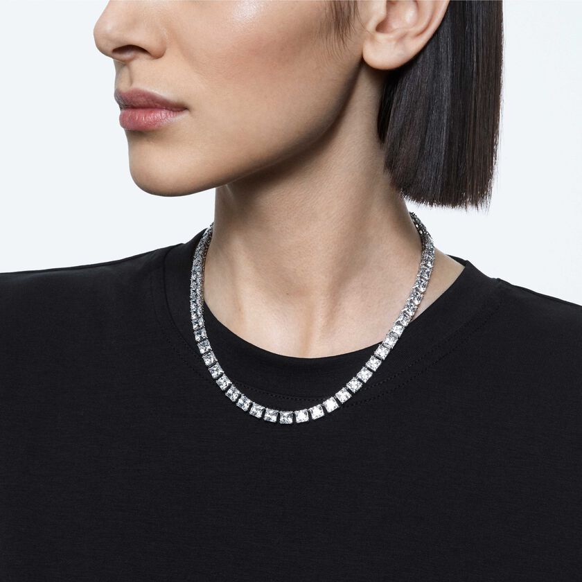 swarovski matrix tennis necklace  square cut  white  rhodium plated