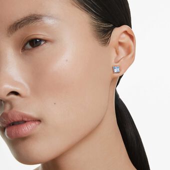 swarovski matrix stud earrings  square cut  blue  rhodium plated