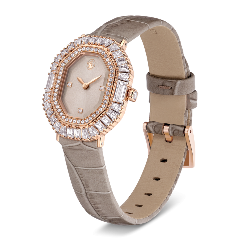swarovski matrix octagon watch  leather strap  beige  rose gold tone finish