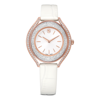 swarovski crystalline aura watch  swiss made  leather strap  white  rose gold tone finish