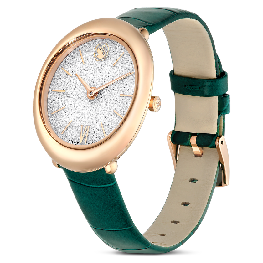 swarovski imber oval watch  swiss made  leather strap  green  rose gold tone finish