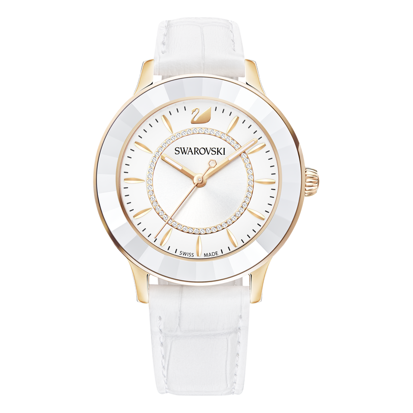 Octea Lux Watch, Leather strap, White, Rose-gold tone PVD