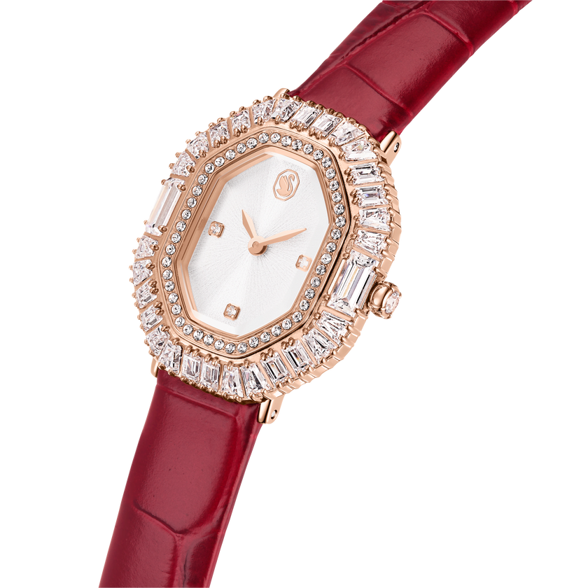 swarovski matrix octagon watch  leather strap  rose gold tone  rose gold tone finish
