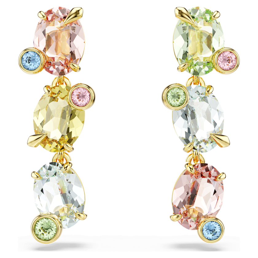 swarovski gema drop earrings  asymmetrical design  mixed cuts  multicolored  gold tone plated