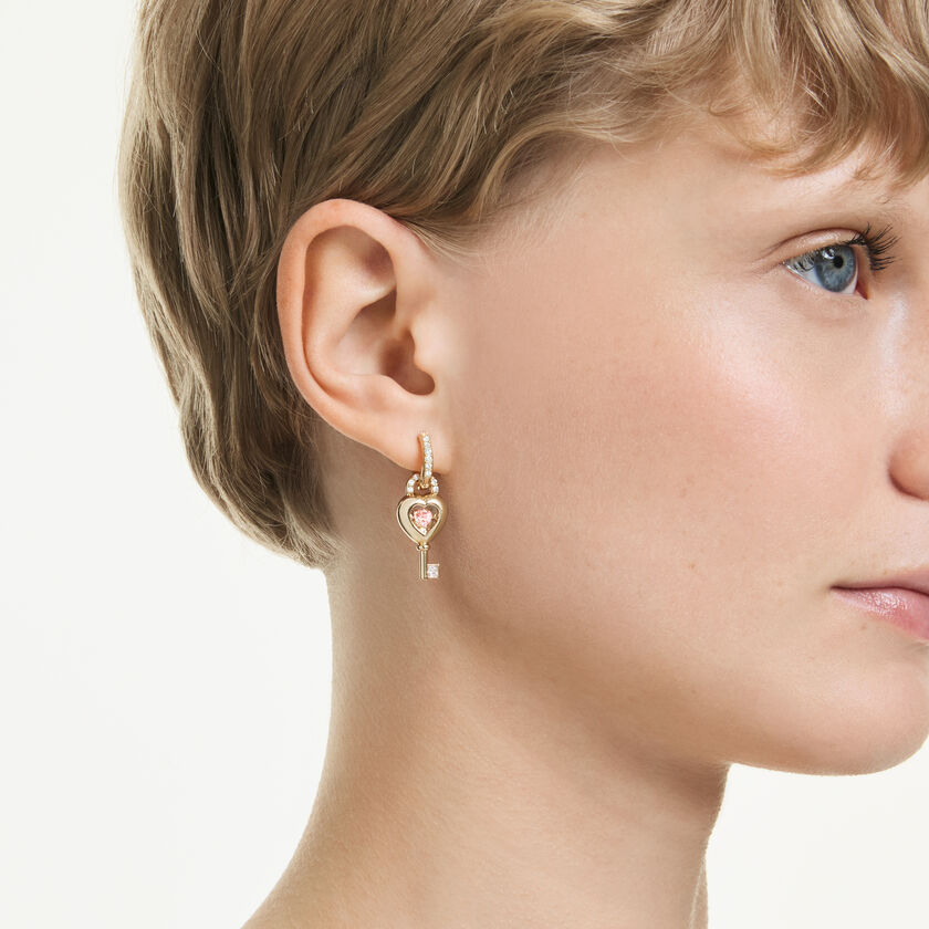 swarovski idyllia drop earrings with ear cuff  mixed cuts  heart with key  pink  gold tone plated