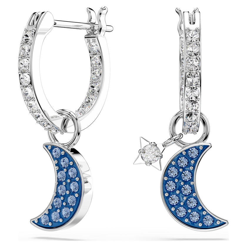 swarovski symbolica drop earrings  round cut  moon  blue  rhodium plated