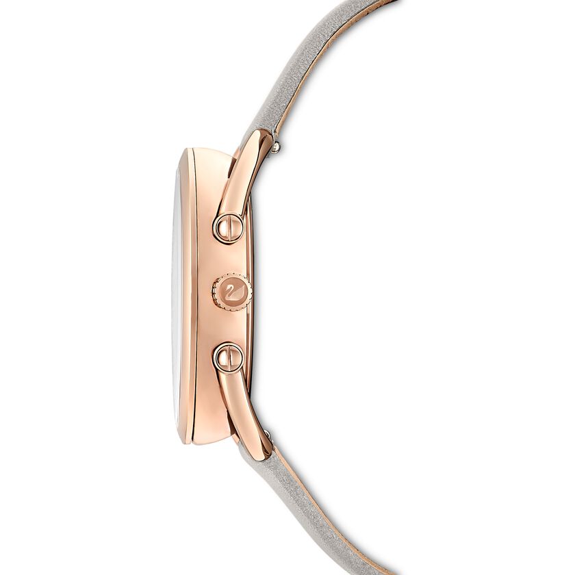 Crystalline Glam Watch, Leather Strap, Gray, Rose gold tone