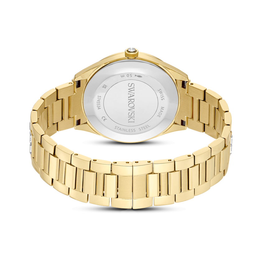 swarovski matrix date watch  swiss made  metal bracelet  gold tone  gold tone finish