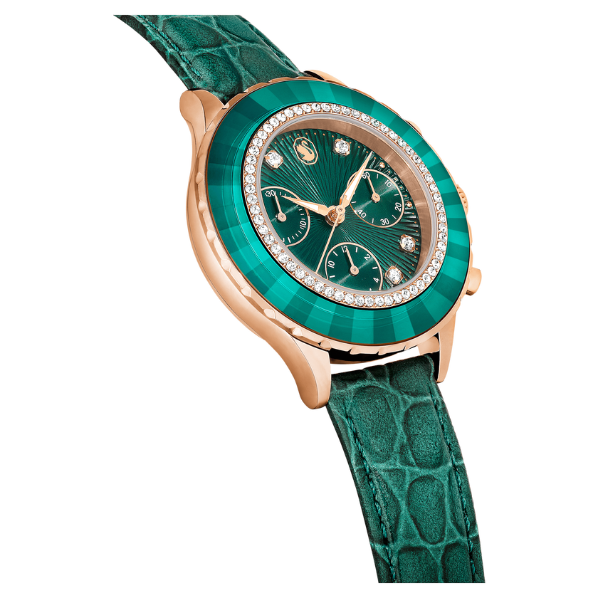 swarovski octea chrono watch  swiss made  leather strap  green  rose gold tone finish