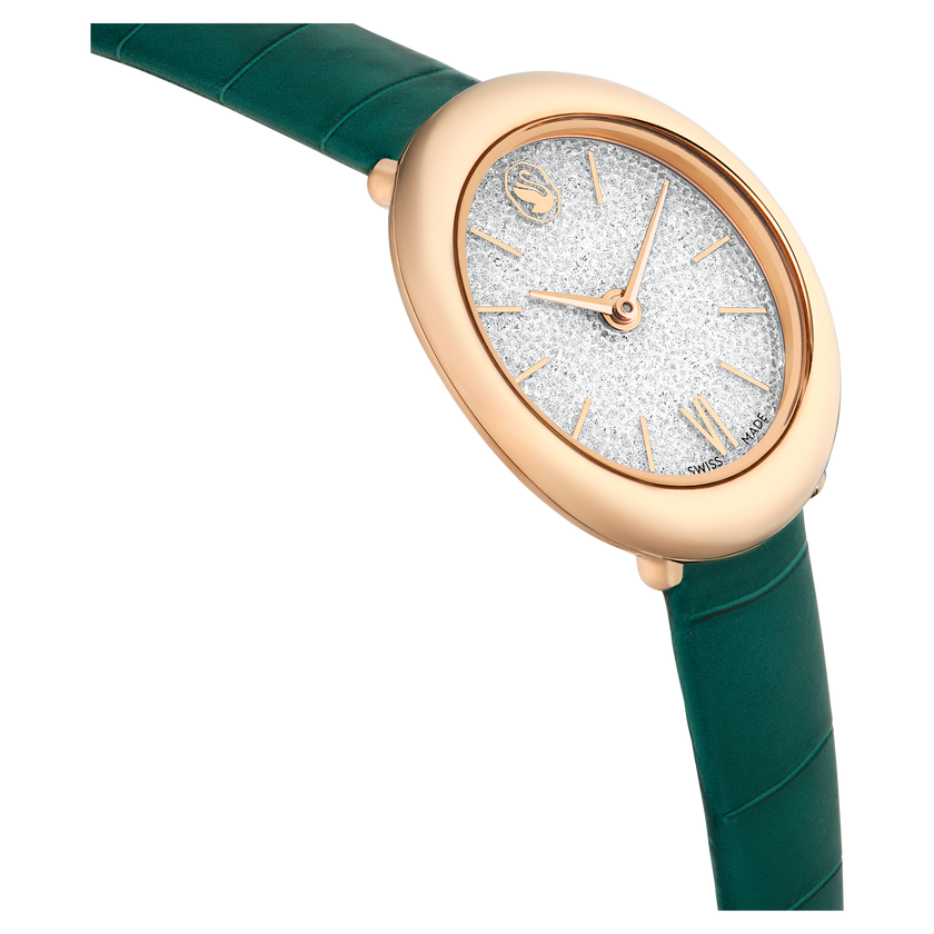 swarovski imber oval watch  swiss made  leather strap  green  rose gold tone finish