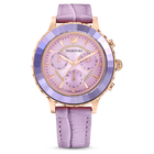 swarovski octea lux chrono watch leather strap purple rose gold tone finish