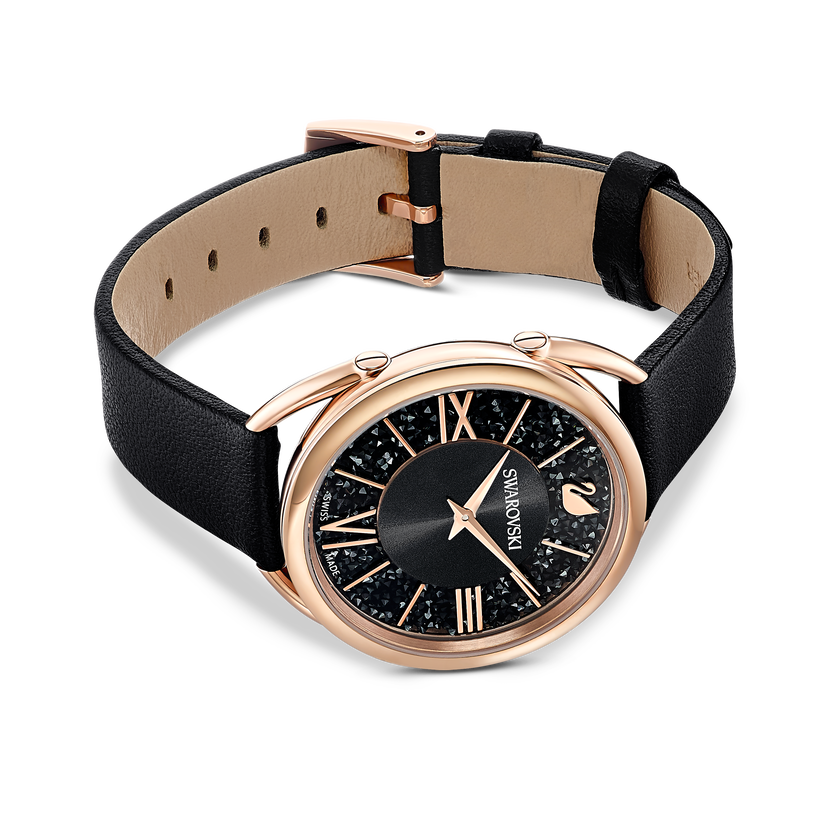 Crystalline Glam Watch, Leather Strap, Black, Rose gold tone